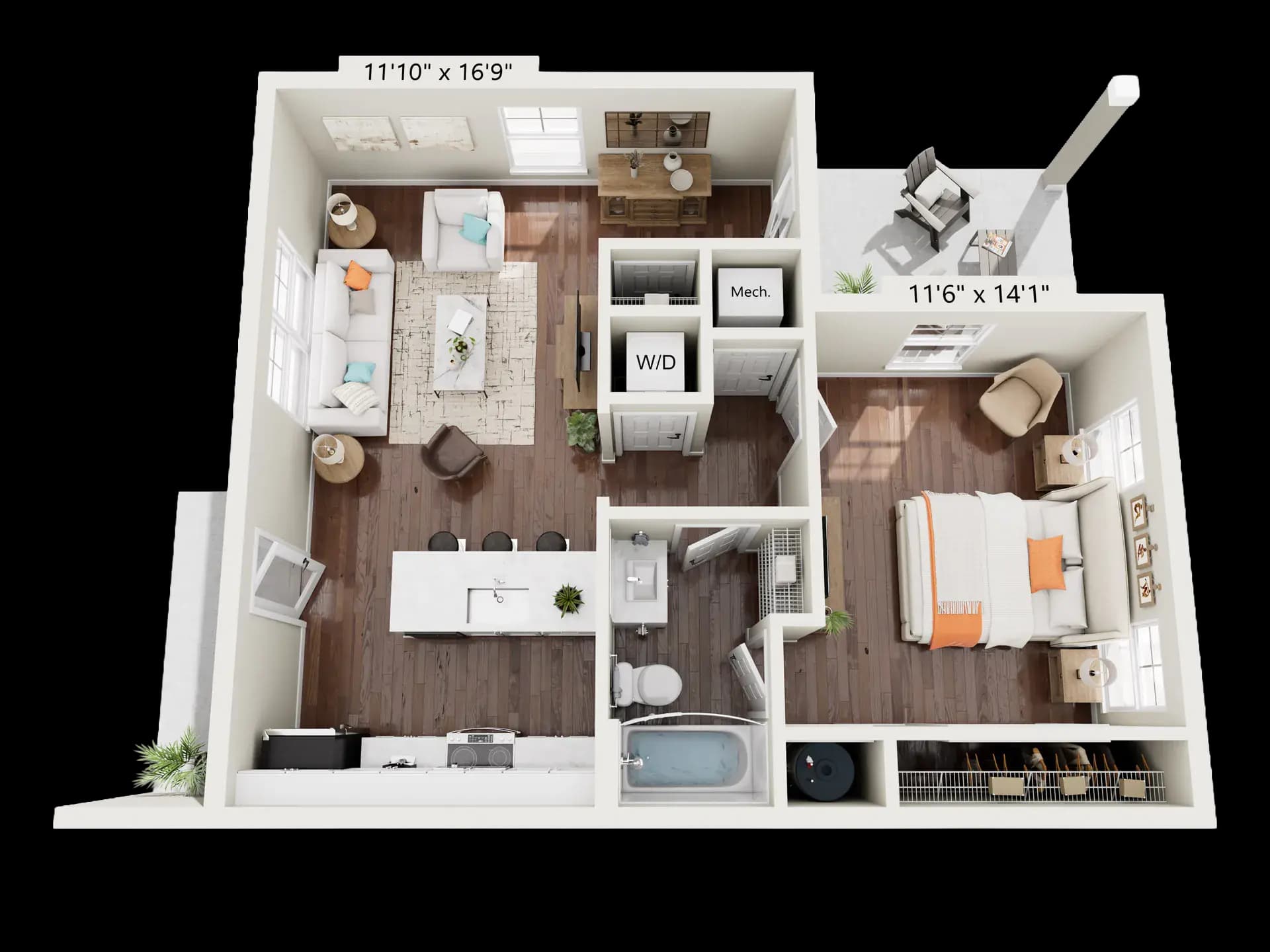 3D floor plan of a Pointe Grand one-bedroom, one-bathroom cottage home