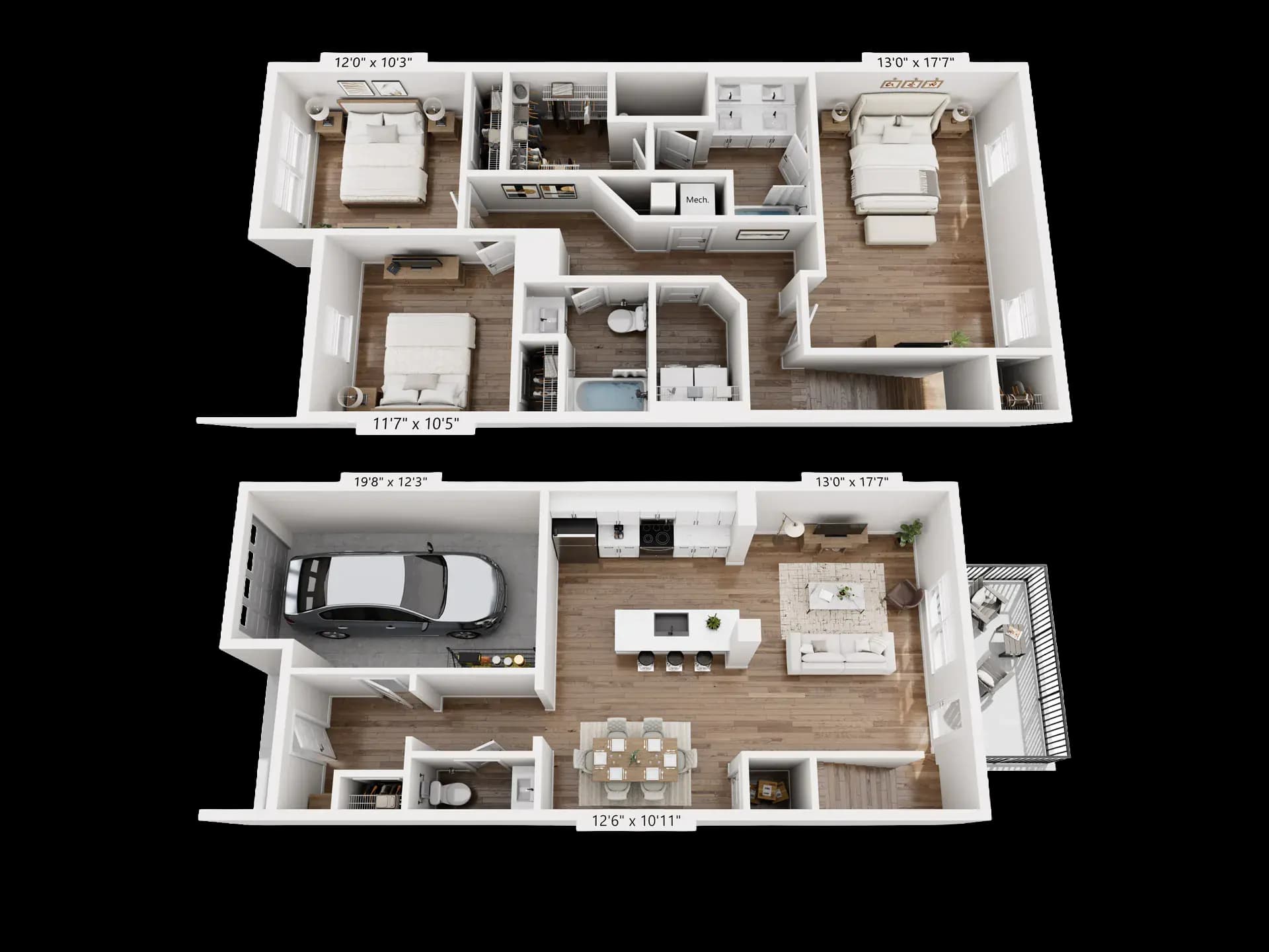 3D floor plan of a Pointe Grand three-bedroom, two-and-a-half-bathroom townhome