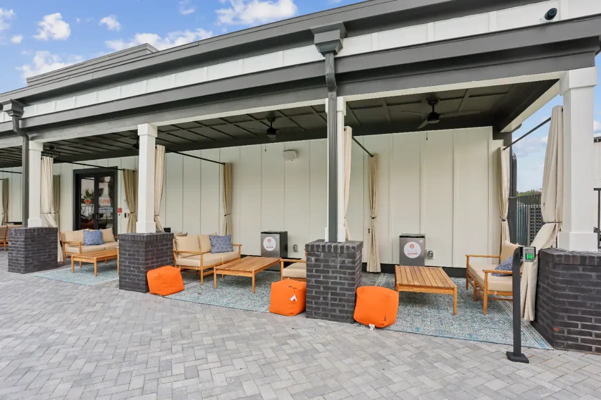 Poolside cabanas at a Pointe Grand community