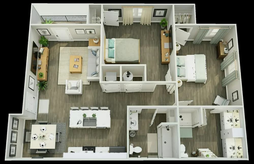 3D floor plan of the Pointe Grand two-bedroom, two-bathroom home